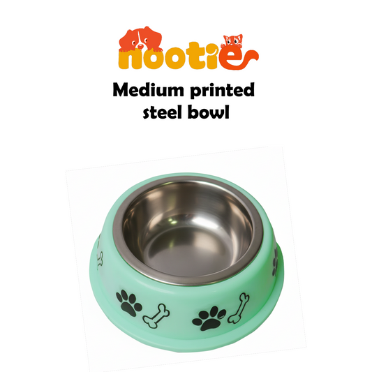 Nootie Paw & Bone Printed Medium Size Steel Food Bowl for Dogs & Cats - Green Color