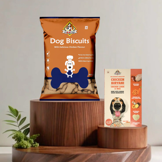 Nootie Chicken Biscuits with Peanut Butter Flavour for Adult Dogs | Buy 1 Get 1 (900g Biscuits + 100g Chicken Biryani) | Protein-Rich, Highly Digestible, and Nutrient-Dense Dog Treats