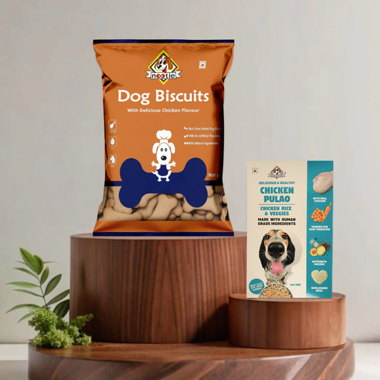 Nootie Chicken Biscuits with Peanut Butter Flavour for Adult Dogs | Buy 1 Get 1 (900g Biscuits + 100g Chicken Pulao) | Protein-Rich, Highly Digestible, and Nutrient-Dense Dog Treats