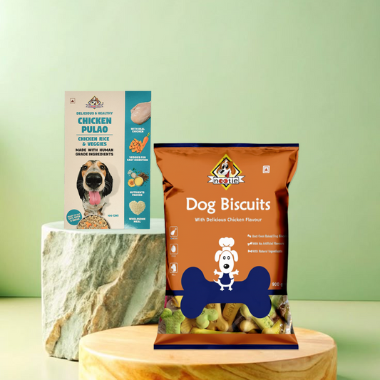 Nootie Chicken Biscuits with Assorted Flavour for Adult Dogs | Buy 1 Get 1 (900g Biscuits + 100g Chicken Pulao) | Protein-Rich, Highly Digestible, and Nutrient-Dense Dog Treats