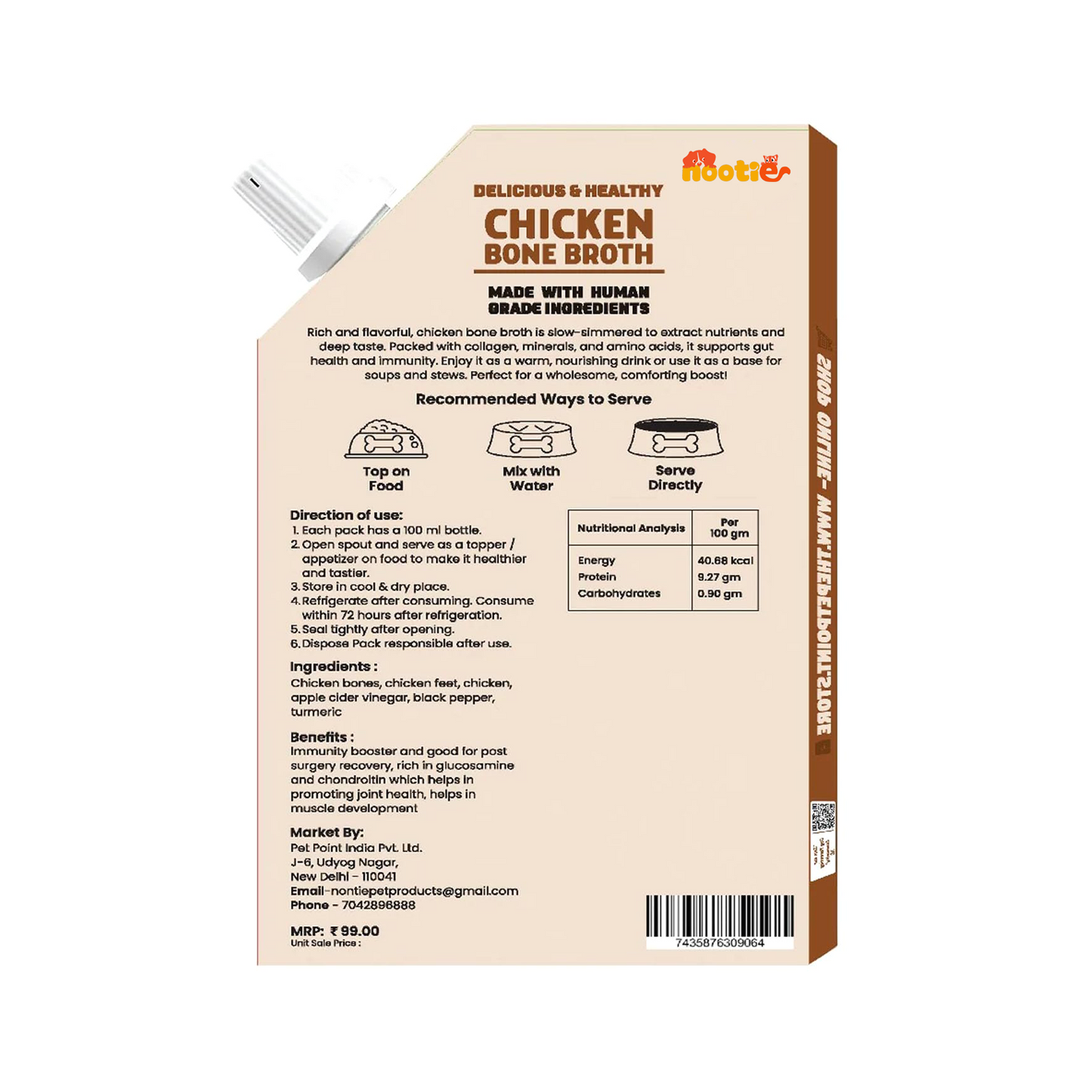 Nootie Natural Chicken Broth for Dogs & Cats – 100ml -Nutrient-Rich, Hydrating Meal Topper (Pack of 3)