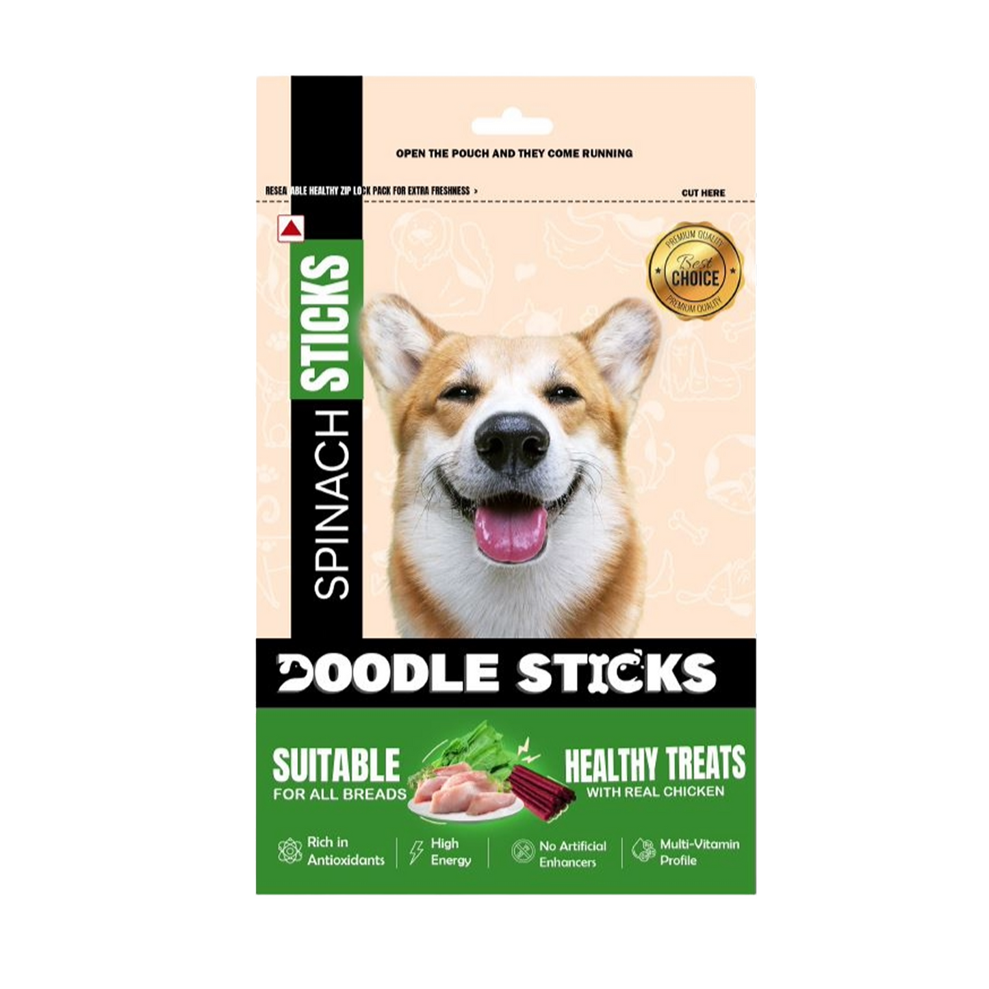 DoodleSticks Suitable for All Breads Healthy Treats with Real Chicken - Spinach Stick 70 Gm