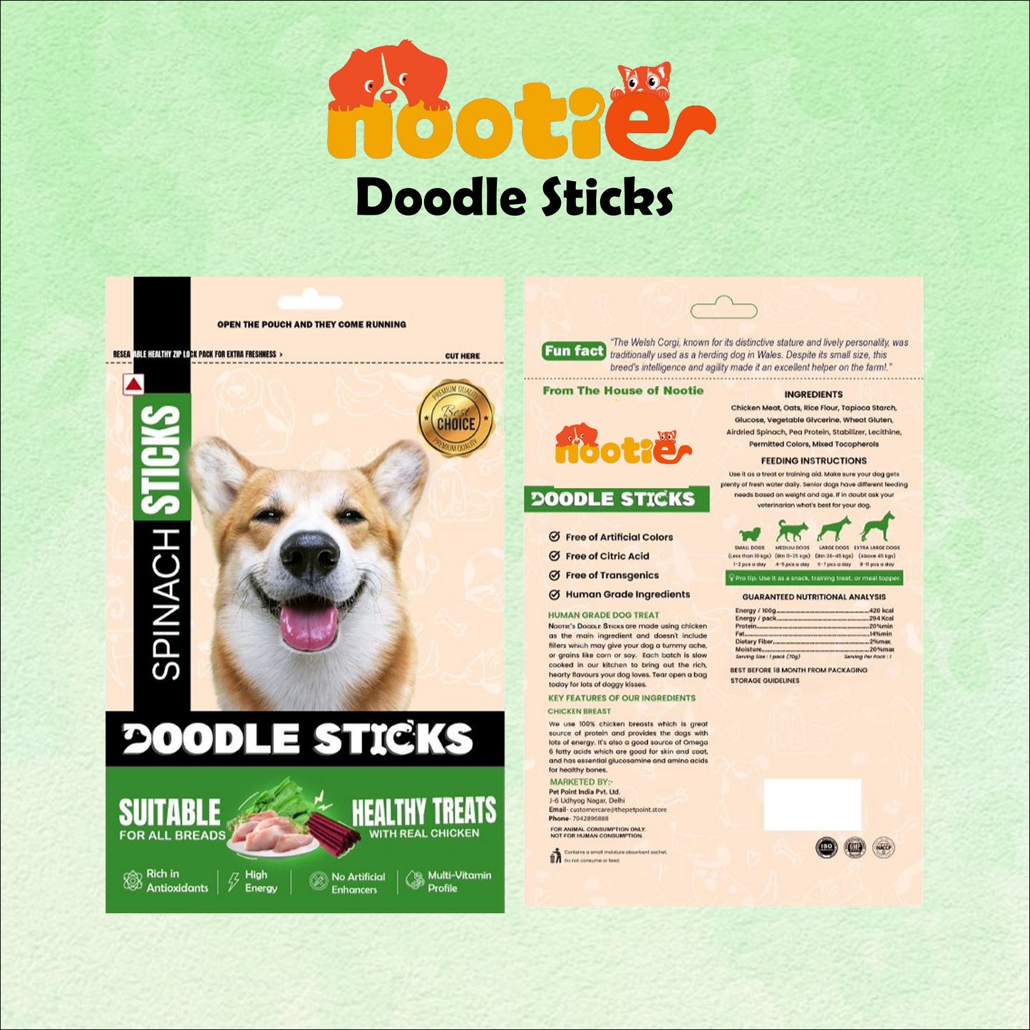 DoodleSticks Suitable for All Breads Healthy Treats with Real Chicken - Spinach Stick 70 Gm