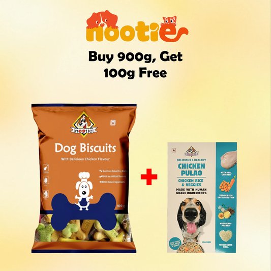 Nootie Chicken Biscuits with Assorted Flavour for Adult Dogs | Buy 1 Get 1 (900g Biscuits + 100g Chicken Pulao) | Protein-Rich, Highly Digestible, and Nutrient-Dense Dog Treats