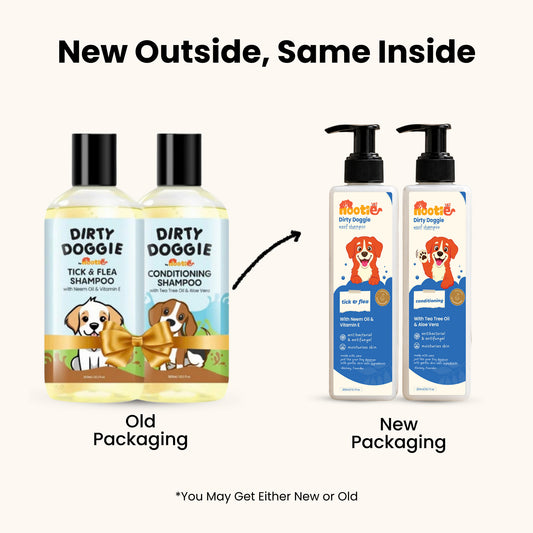 Nootie Dirty Doggie Combo: Conditioning Shampoo + Tick & Flea Shampoo (200 ml Buy1Get1 FREE) | Neem, Vitamin E & Coat Repair