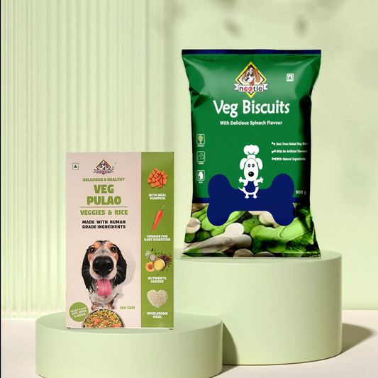 Nootie Veg Biscuits with Spinach Flavour for Adult Dogs | Buy 1 Get 1 (900g Biscuits + 100g Veg Pulao) | Protein-Rich, Highly Digestible, and Nutrient-Dense Dog Treats