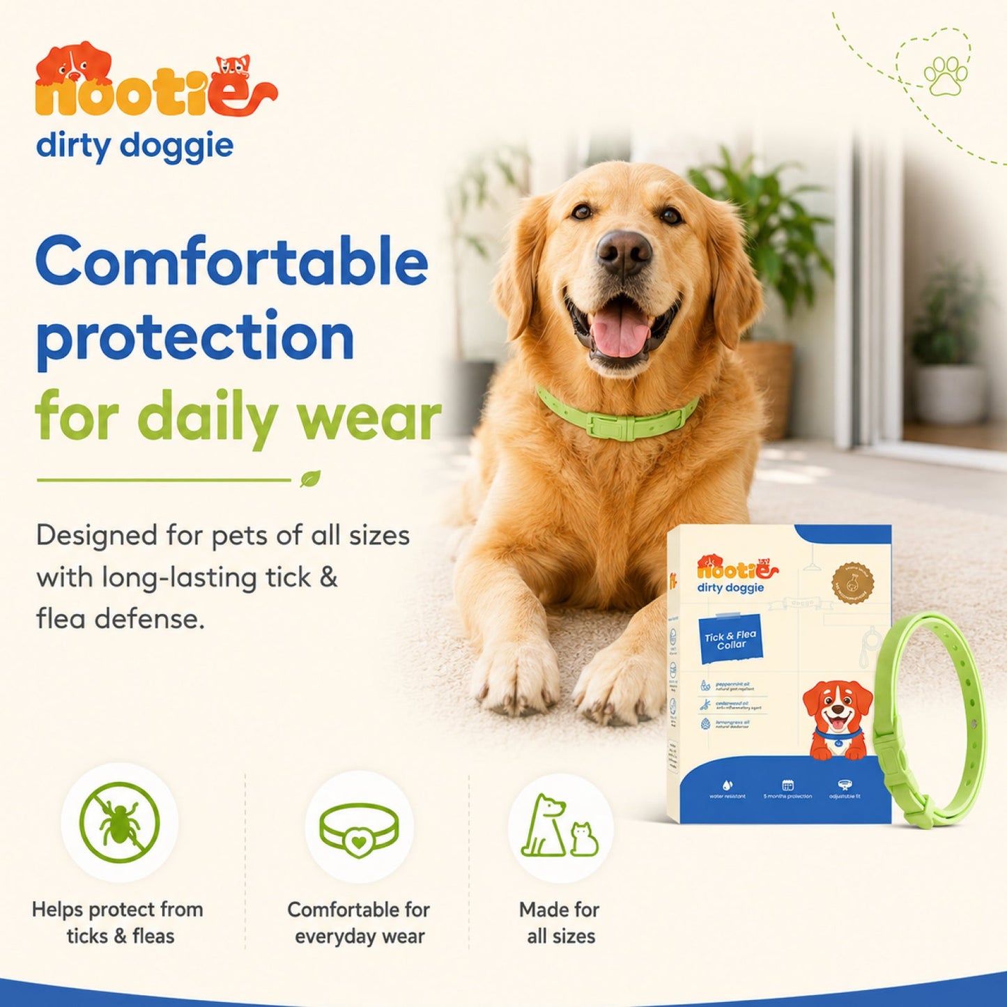 Nootie All Natural Tick & Flea Collar for Dogs & Cats | 5 Months Protection | Waterproof, Adjustable & Chemical-Free Pest Defence - nootie.in