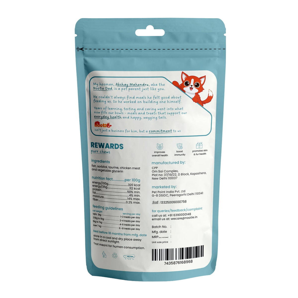 Rewards Purr Chews for Cats (35g) | Chicken Wrapped Fish - High-Protein & Taurine-Rich Natural Snacks for Heart Health - nootie.in