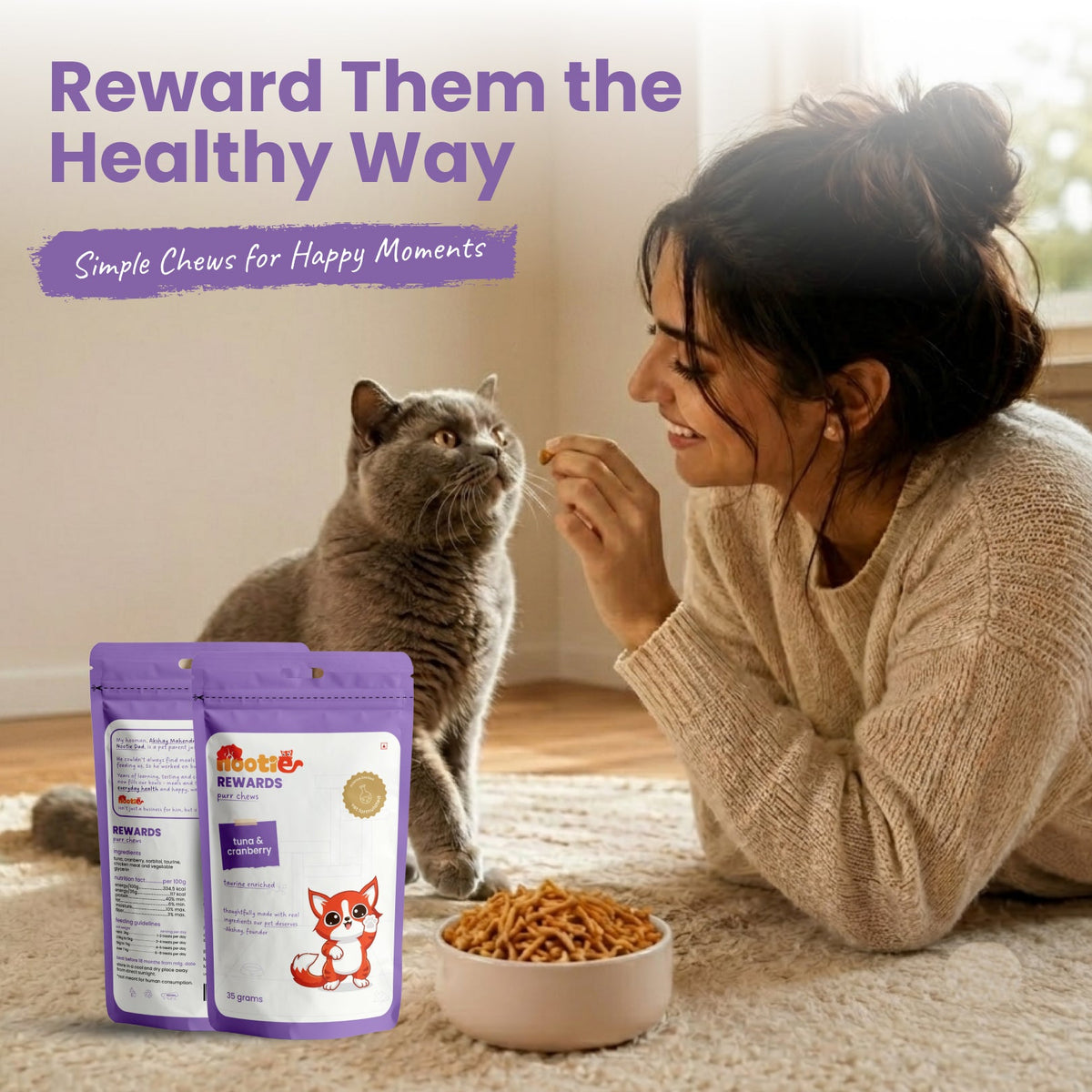 Rewards Purr Chews for Cats (35g) | Tuna & Cranberry - Omega-3 Rich Natural Snacks for Urinary Health - nootie.in