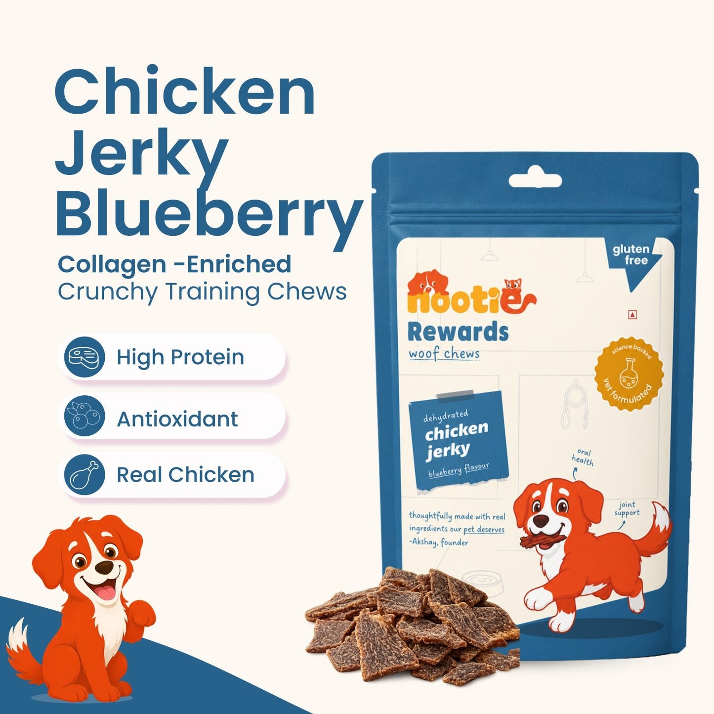Rewards Woof Chews Crunchy for Dogs (50g) | Dehydrated Chicken Jerky and Blueberry - nootie.in