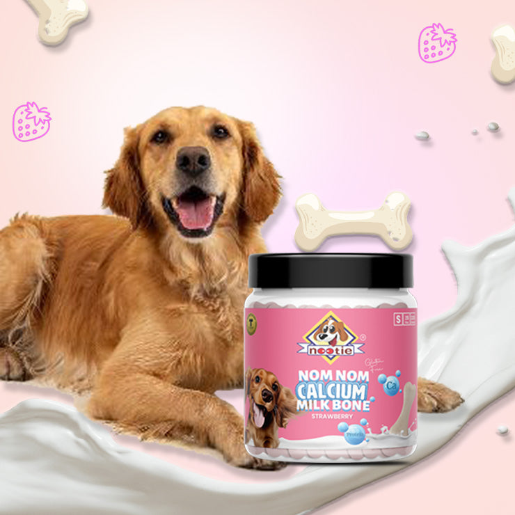 Nootie Nom Nom Calcium Milk Bone – Strawberry Flavour (220g) | Calcium-Rich, Fiber & Collagen Treat for Strong Bones & Teeth