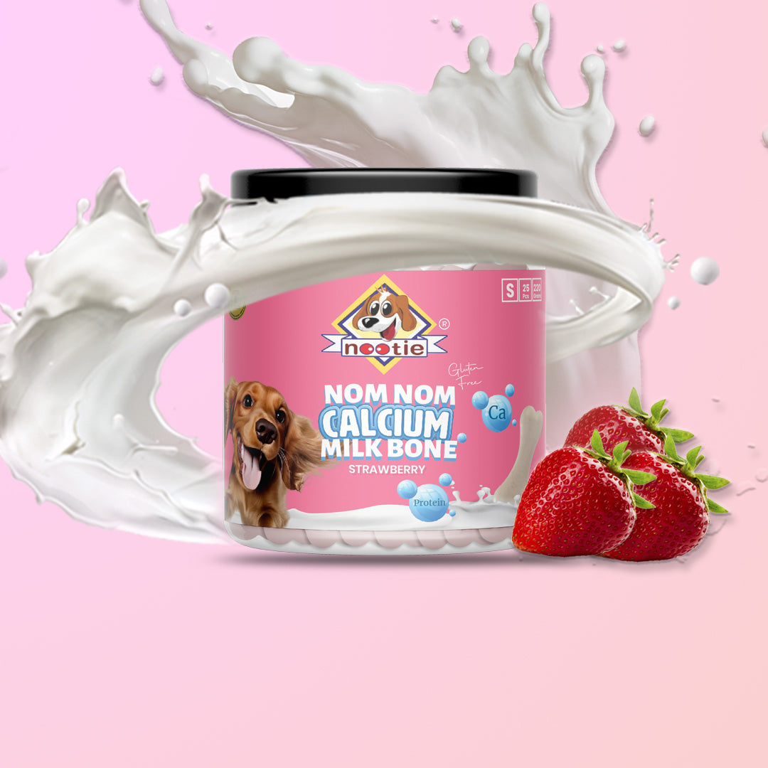 Nootie Nom Nom Calcium Milk Bone – Strawberry Flavour (220g) | Calcium-Rich, Fiber & Collagen Treat for Strong Bones & Teeth