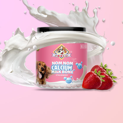 Nootie Nom Nom Calcium Milk Bone – Strawberry Flavour (220g) | Calcium-Rich, Fiber & Collagen Treat for Strong Bones & Teeth