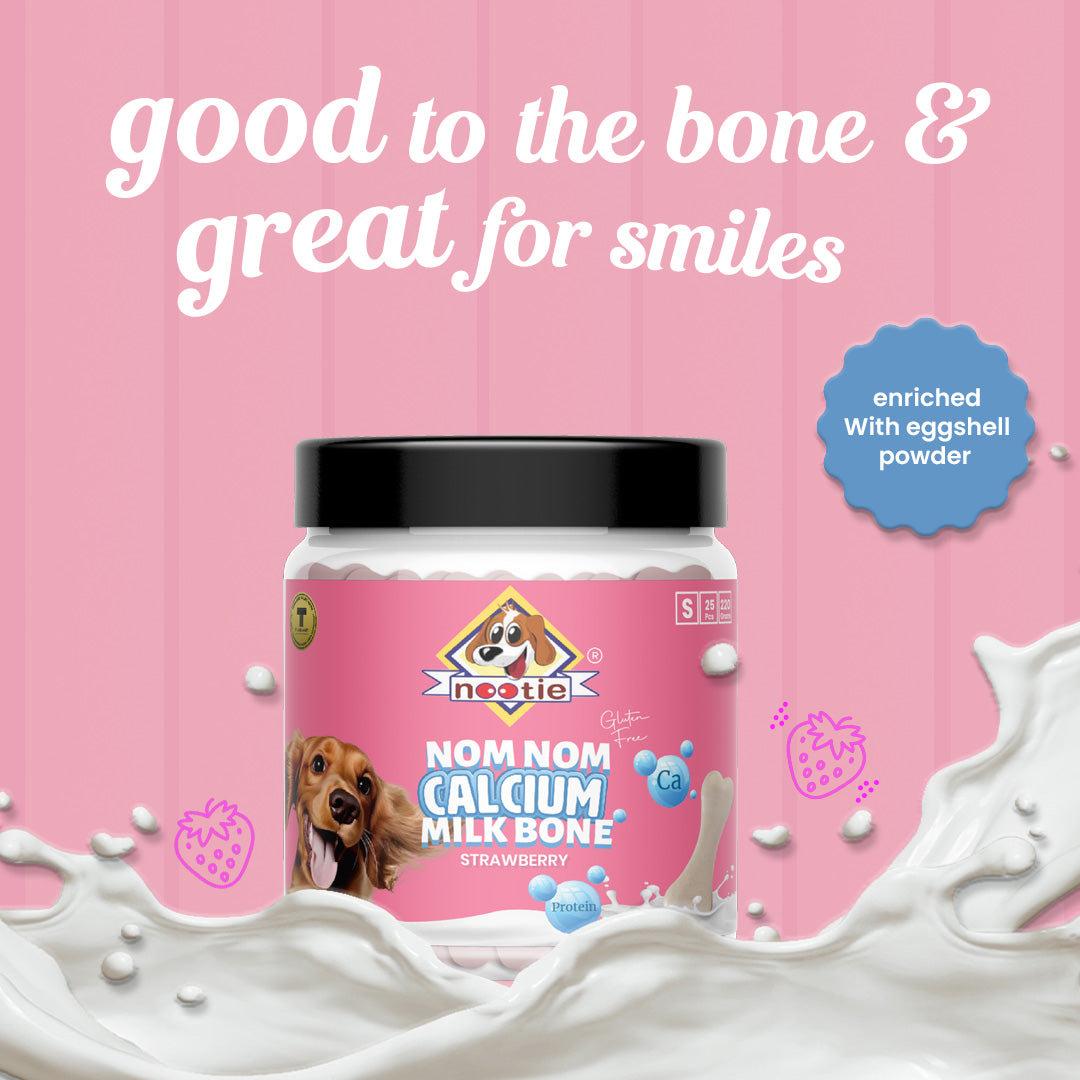 Nootie Nom Nom Calcium Milk Bone – Strawberry Flavour (220g) | Calcium-Rich, Fiber & Collagen Treat for Strong Bones & Teeth