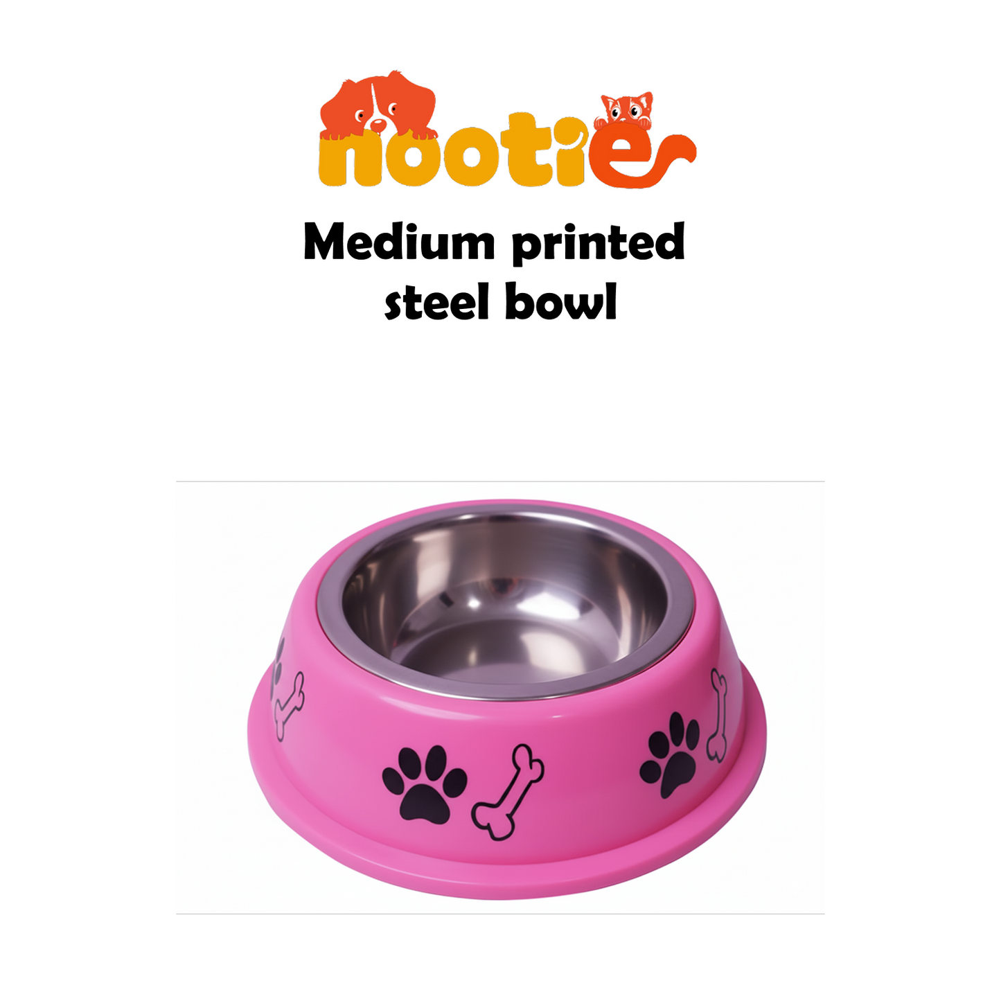 Nootie Paw & Bone Printed Medium Size Steel Food Bowl for Dogs & Cats - Pink Color