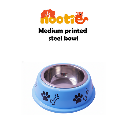 Nootie Paw & Bone Printed Medium Size Steel Food Bowl for Dogs & Cats - Blue Color