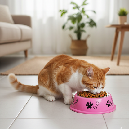 Nootie Paw & Bone Printed Medium Size Steel Food Bowl for Dogs & Cats - Pink Color