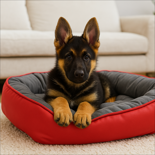 Nootie Sofa Basket Dog & Cat Bed – Small Rectangle Bed (22" x 17" x 6") with Velvet Interior, Mat Exterior, Hollow Fiber Fill | Hand & Machine Washable | Color: Red