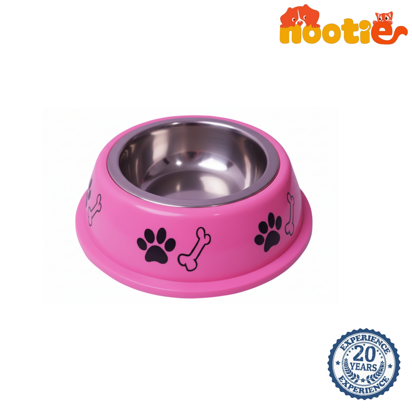 Nootie Paw & Bone Printed Medium Size Steel Food Bowl for Dogs & Cats - Pink Color