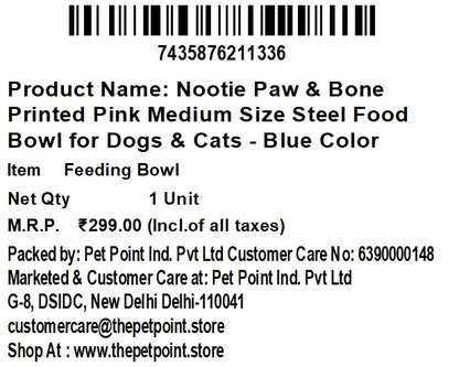 Nootie Paw & Bone Printed Medium Size Steel Food Bowl for Dogs & Cats - Blue Color
