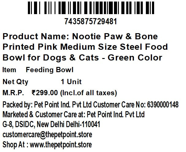 Nootie Paw & Bone Printed Medium Size Steel Food Bowl for Dogs & Cats - Green Color