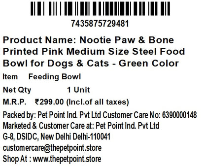 Nootie Paw & Bone Printed Medium Size Steel Food Bowl for Dogs & Cats - Green Color