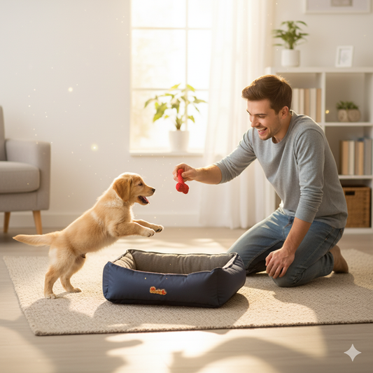 Nootie Sofa Basket Dog & Cat Bed – Small Rectangle Bed (22" x 17" x 6") with Velvet Interior, Mat Exterior, Hollow Fiber Fill | Hand & Machine Washable | Color: Blue