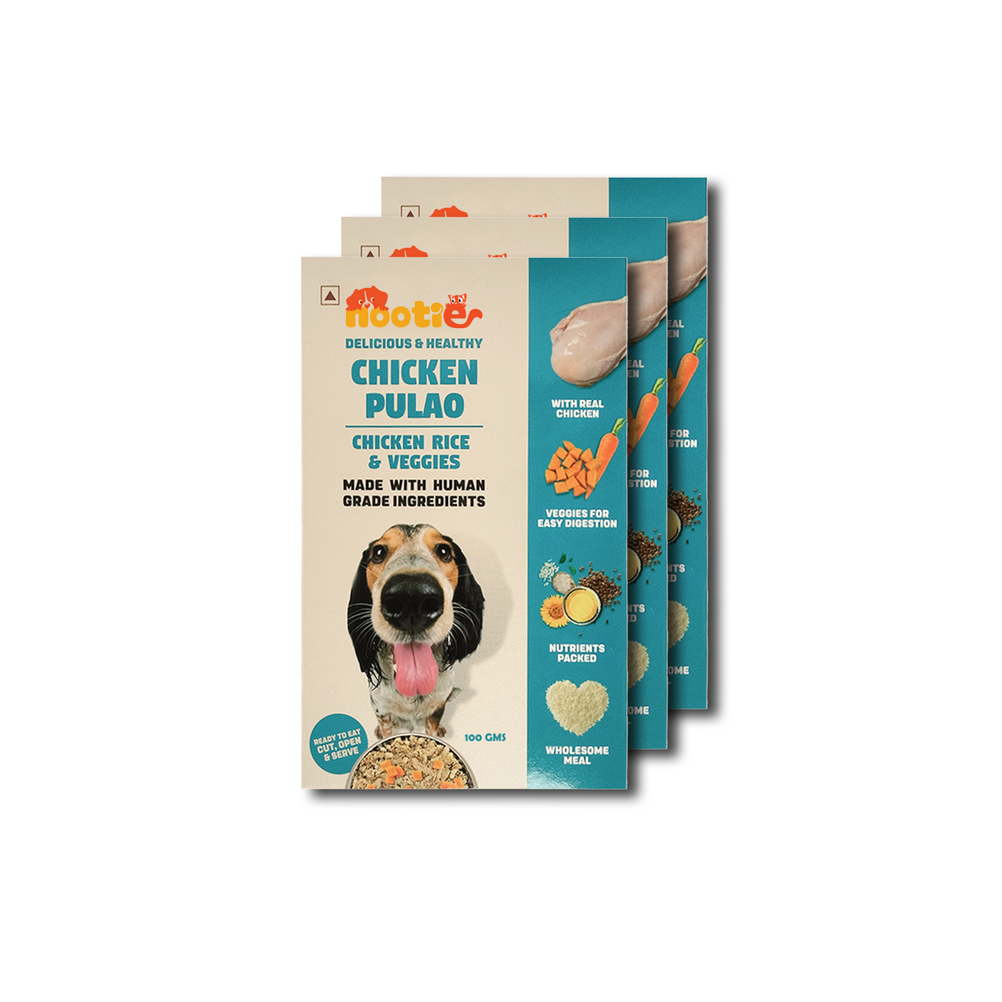 Nootie Chicken Pulao for Dogs - 100g - Human-Grade, Balanced Meal with Real Chicken, Rice & Veggies (Pack of 3)
