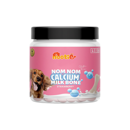 Nootie Nom Nom Calcium Milk Bone – Strawberry Flavour (220g) | Calcium-Rich, Fiber & Collagen Treat for Strong Bones & Teeth