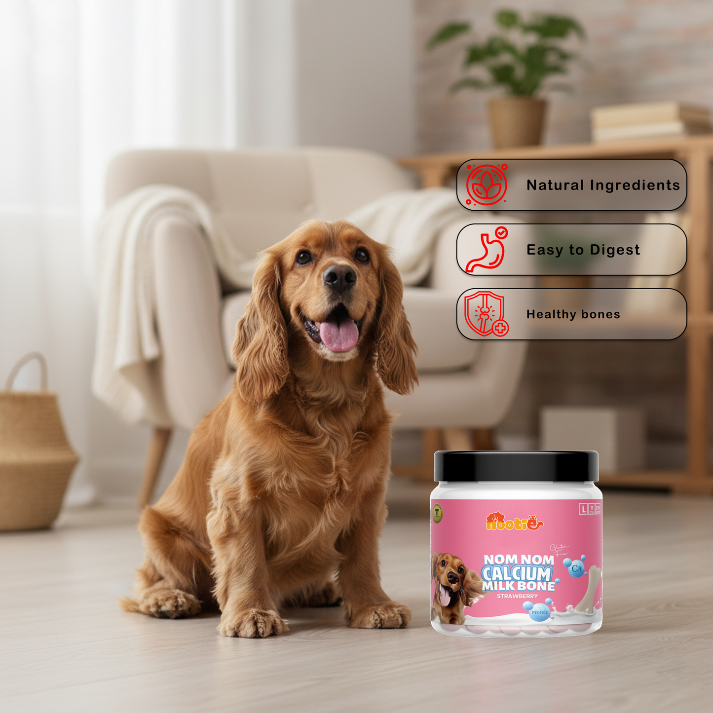 Nootie Nom Nom Calcium Milk Bone – Strawberry Flavour (220g) | Calcium-Rich, Fiber & Collagen Treat for Strong Bones & Teeth