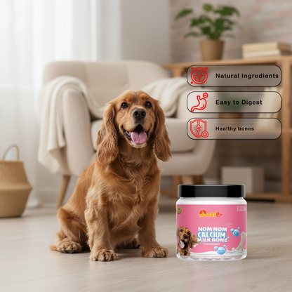 Nootie Nom Nom Calcium Milk Bone – Strawberry Flavour (220g) | Calcium-Rich, Fiber & Collagen Treat for Strong Bones & Teeth
