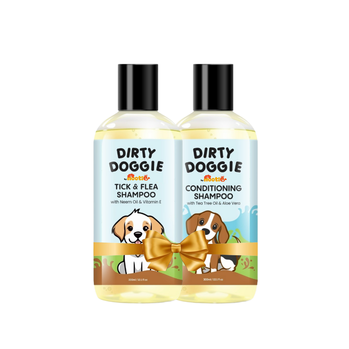 Nootie Dirty Doggie Combo: Conditioning Shampoo + Tick & Flea Shampoo (300 ml Buy1Get1 FREE) | Neem, Vitamin E & Coat Repair