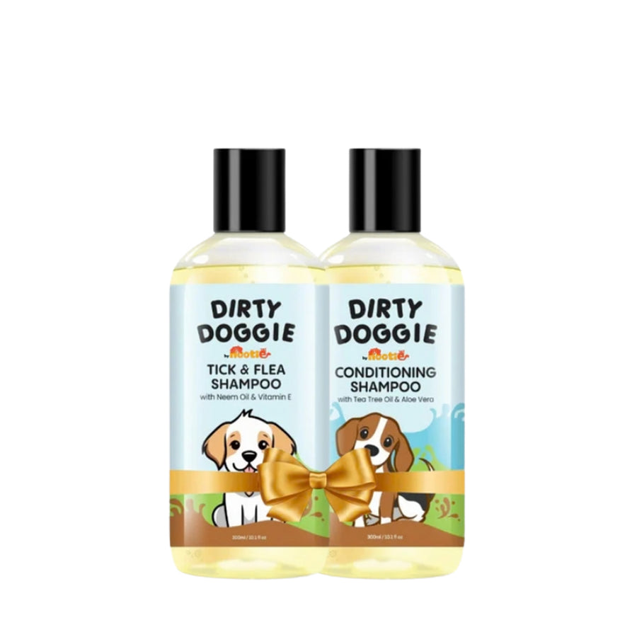 Nootie Dirty Doggie Combo: Conditioning Shampoo + Tick & Flea Shampoo (300 ml Buy1Get1 FREE) | Neem, Vitamin E & Coat Repair