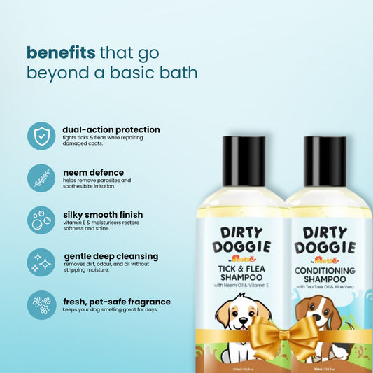 Nootie Dirty Doggie Combo: Conditioning Shampoo + Tick & Flea Shampoo (300 ml Buy1Get1 FREE) | Neem, Vitamin E & Coat Repair