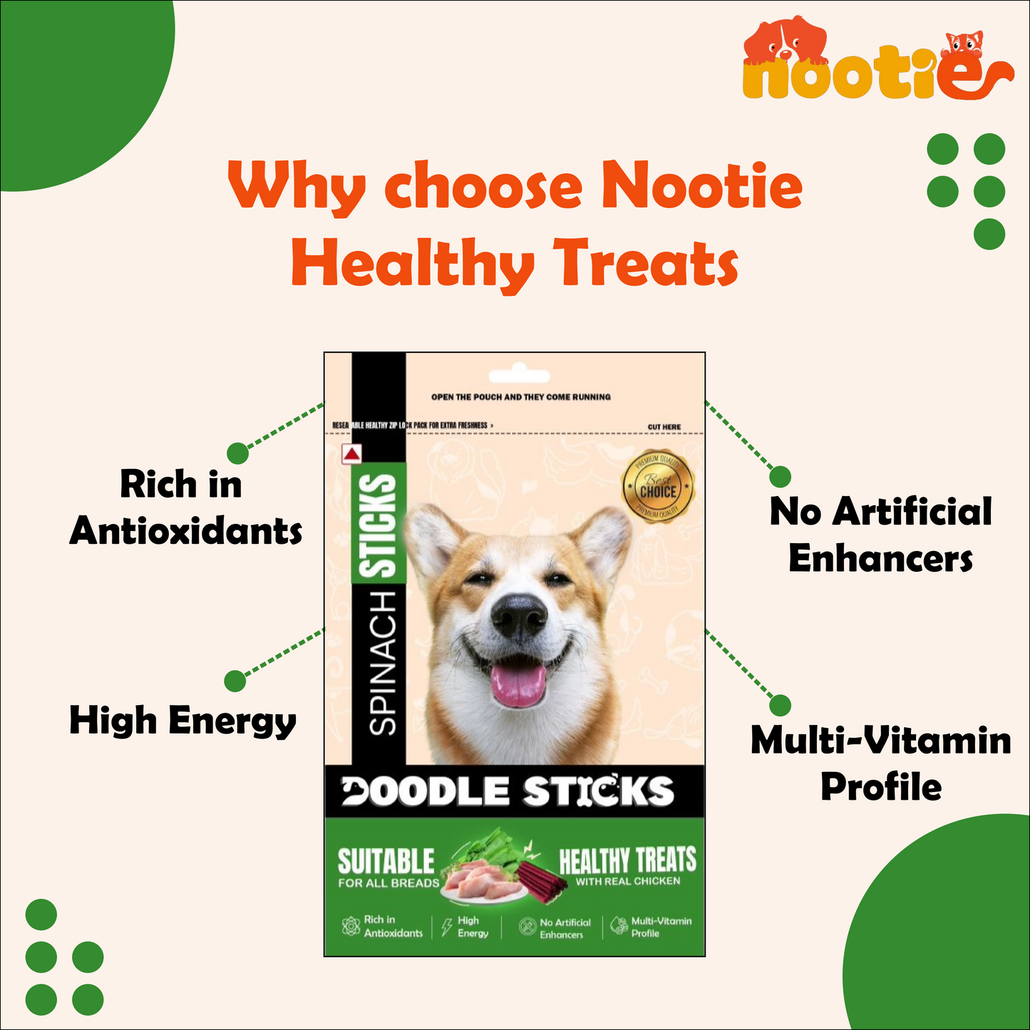 DoodleSticks Suitable for All Breads Healthy Treats with Real Chicken - Spinach Stick 70 Gm