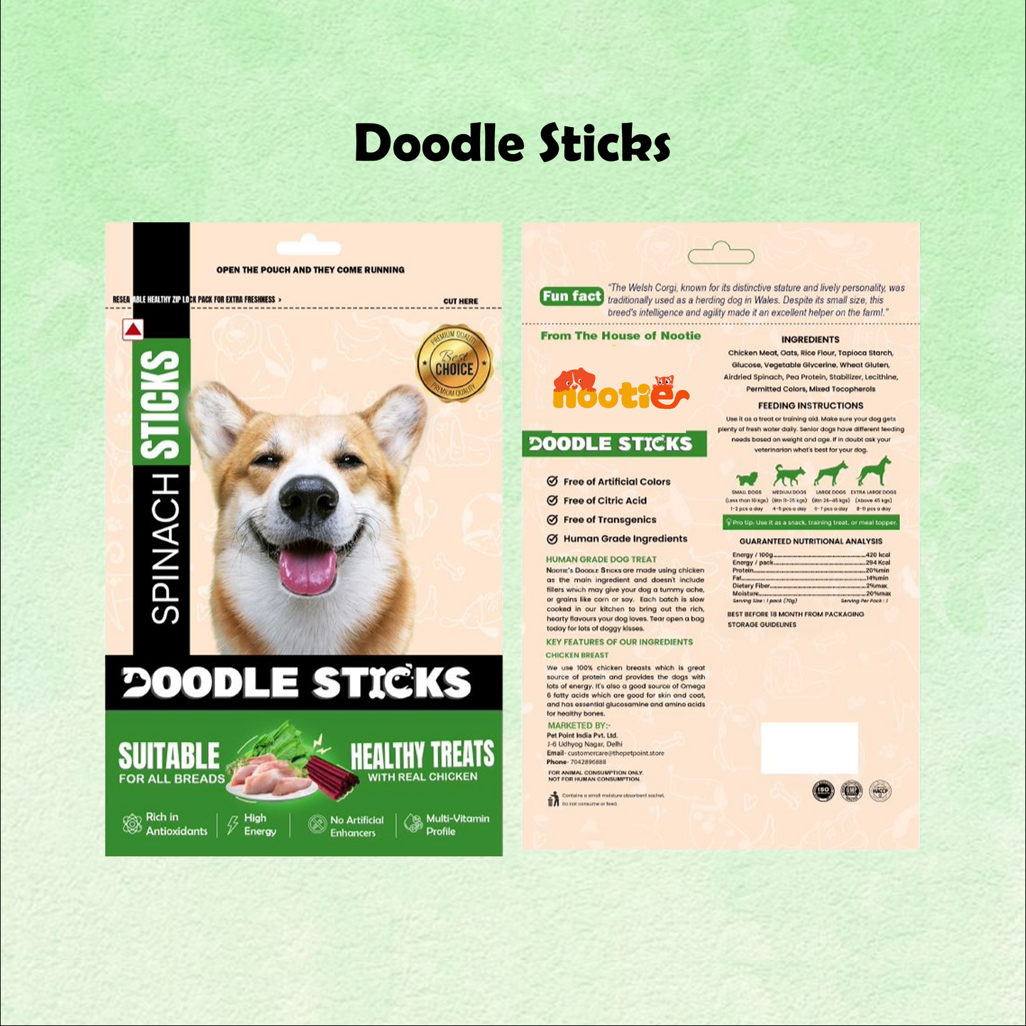 Nootie Doodle Sticks – Real Chicken & Spinach Dog Treats (70 g) | Healthy, Collagen-Rich, Gluten-Free Snack for All Breeds