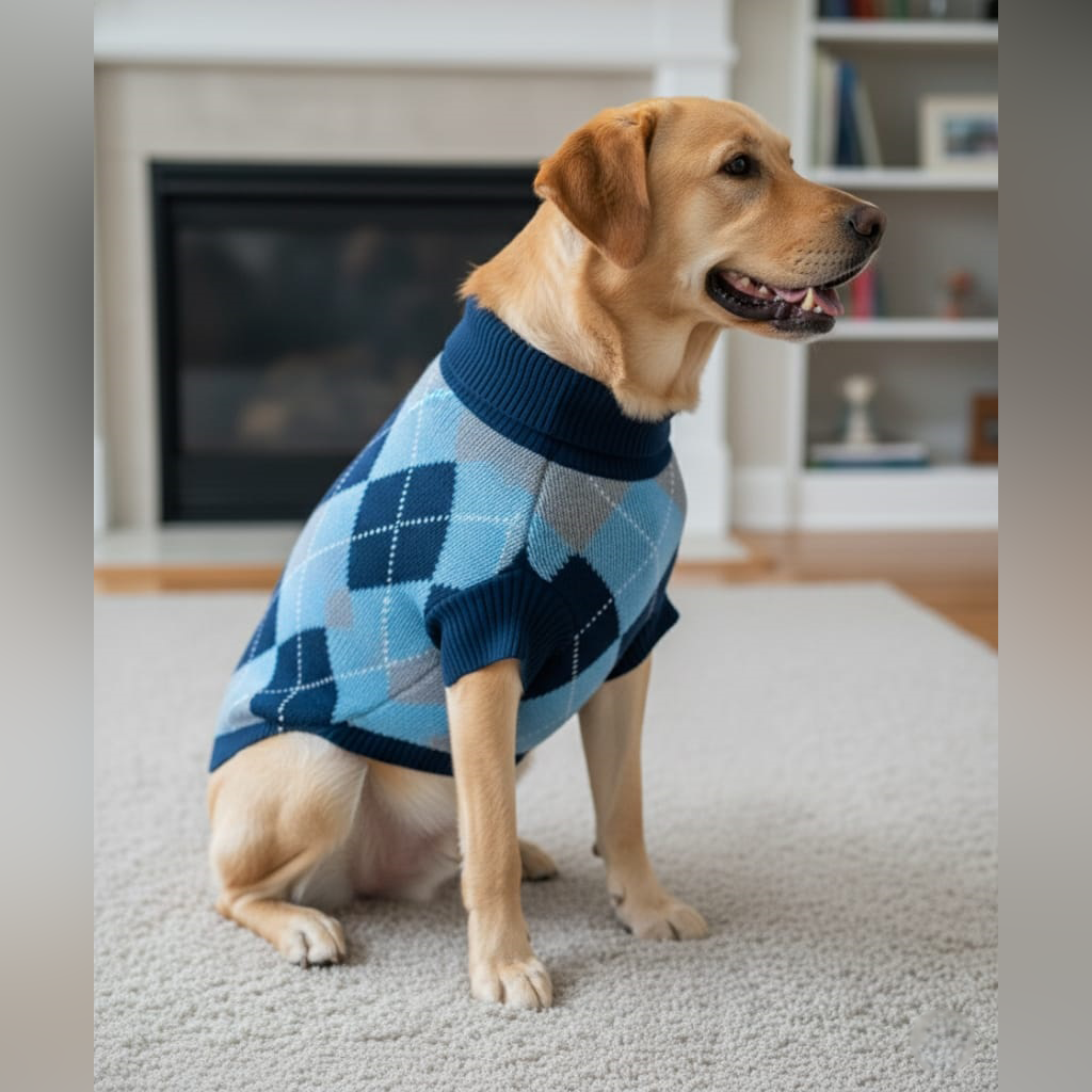 Nootie Dog High Neck Sweater, Blue Check – Stylish Winter Knitwear for All Breeds