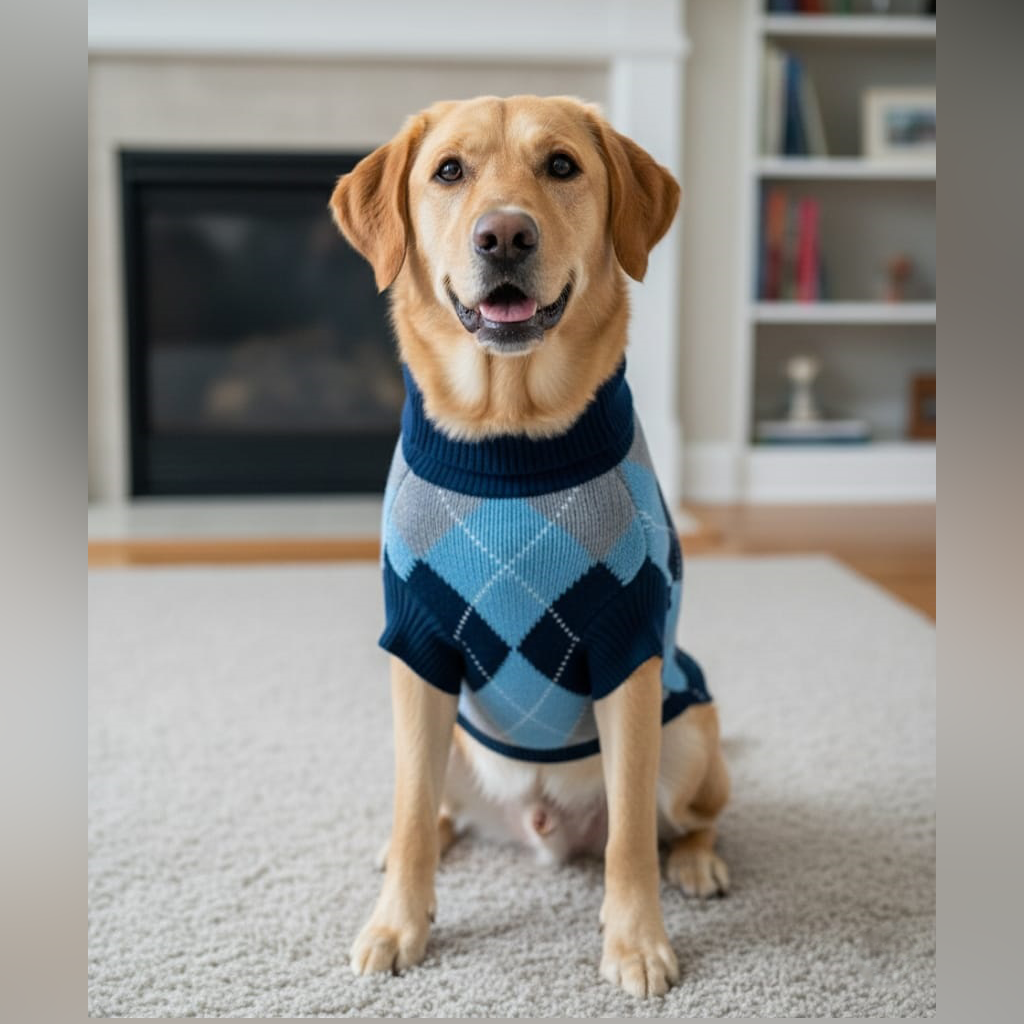 Nootie Dog High Neck Sweater, Blue Check – Stylish Winter Knitwear for All Breeds