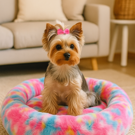 Nootie Donut Cuddler Calming Dog Bed – Medium Rainbow Plush Donut Bed (26" x 4.5") | Polyester Faux Fur + Polyfill | Hand & Machine Wash