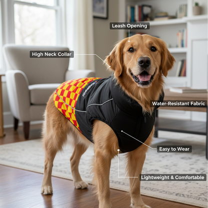 Nootie Dog Winter Jacket – High Neck, Warm & Waterproof Coat for Dogs, Red-Yellow