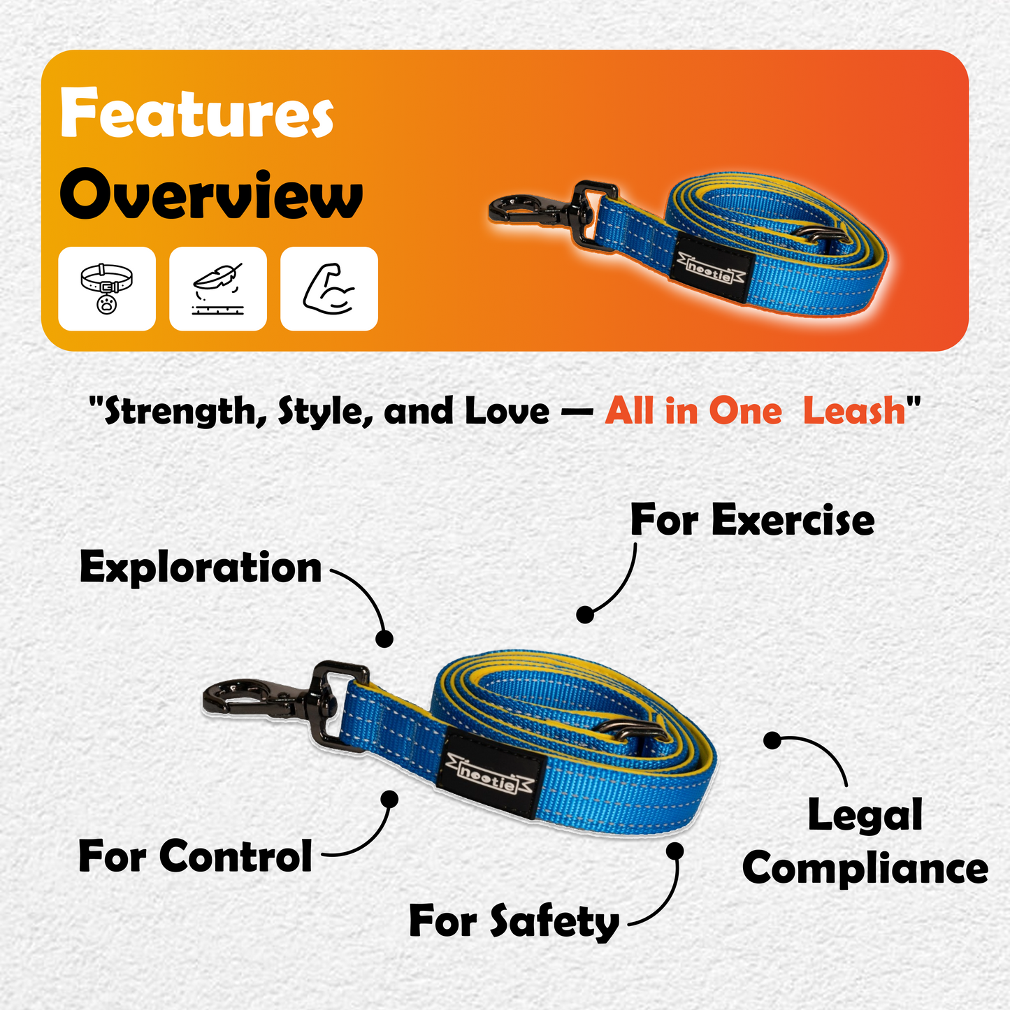 Nootie Plush Padded Leash Blue Color with Yellow Detailing