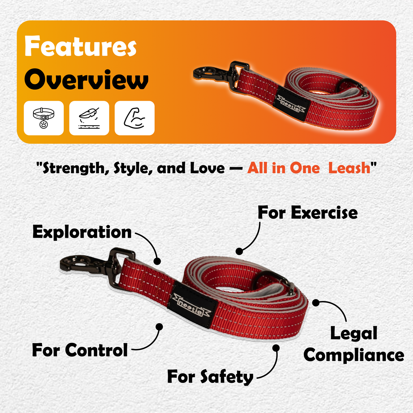 Nootie Plush Padded Leash Red Color with Grey Detailing