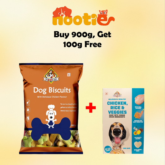 Nootie Chicken Biscuits with Assorted Flavour for Adult Dogs | Buy 1 Get 1 (900g Biscuits + 100g Chicken Pulao) | Protein-Rich, Highly Digestible, and Nutrient-Dense Dog Treats