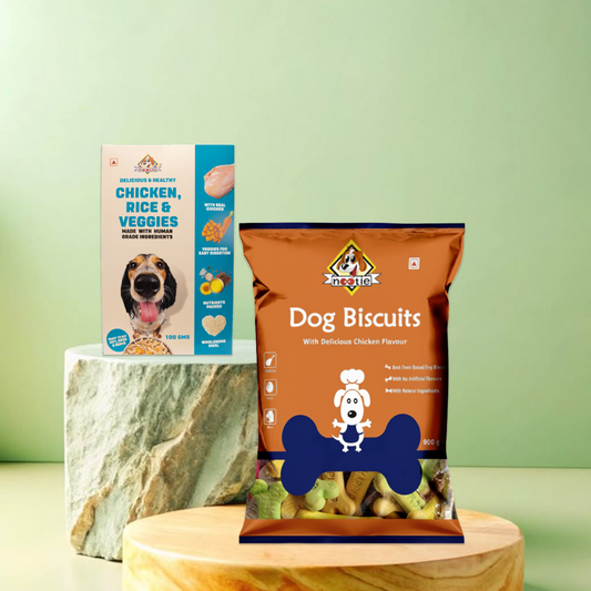 Nootie Chicken Biscuits with Assorted Flavour for Adult Dogs | Buy 1 Get 1 (900g Biscuits + 100g Chicken Pulao) | Protein-Rich, Highly Digestible, and Nutrient-Dense Dog Treats