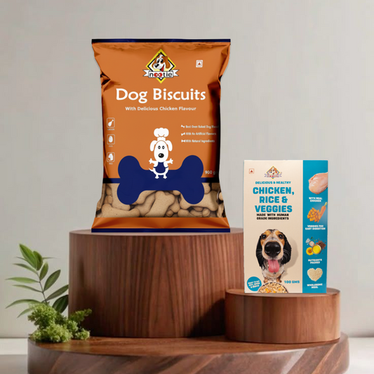 Nootie Chicken Biscuits with Peanut Butter Flavour for Adult Dogs | Buy 1 Get 1 (900g Biscuits + 100g Chicken Pulao) | Protein-Rich, Highly Digestible, and Nutrient-Dense Dog Treats