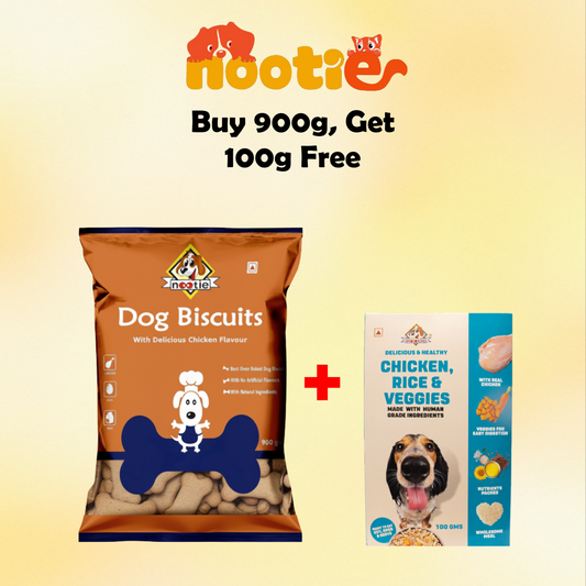 Nootie Chicken Biscuits with Peanut Butter Flavour for Adult Dogs | Buy 1 Get 1 (900g Biscuits + 100g Chicken Pulao) | Protein-Rich, Highly Digestible, and Nutrient-Dense Dog Treats