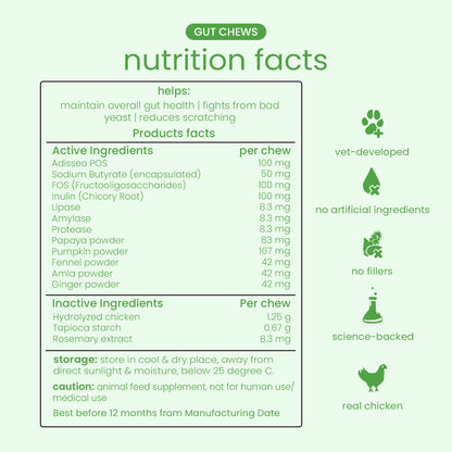 Nootie+ Gut Chews for Dogs | Digestive Support, Firmer Stools & Yeast Balance (30 Chews)