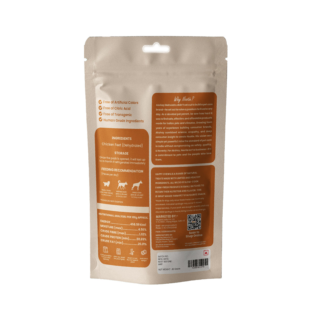 Nootie Happy Chews – Dehydrated Chicken Feet Dog Treats (80g) | Natural, Protein-Rich Chew for Joint & Dental Health