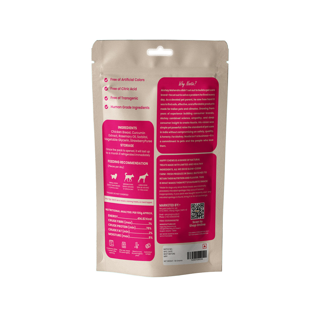 Nootie Happy Chews – Dehydrated Chicken Jerky Strawberry Dog Treats (50g) | All-Natural, Grain-Free Protein Snack