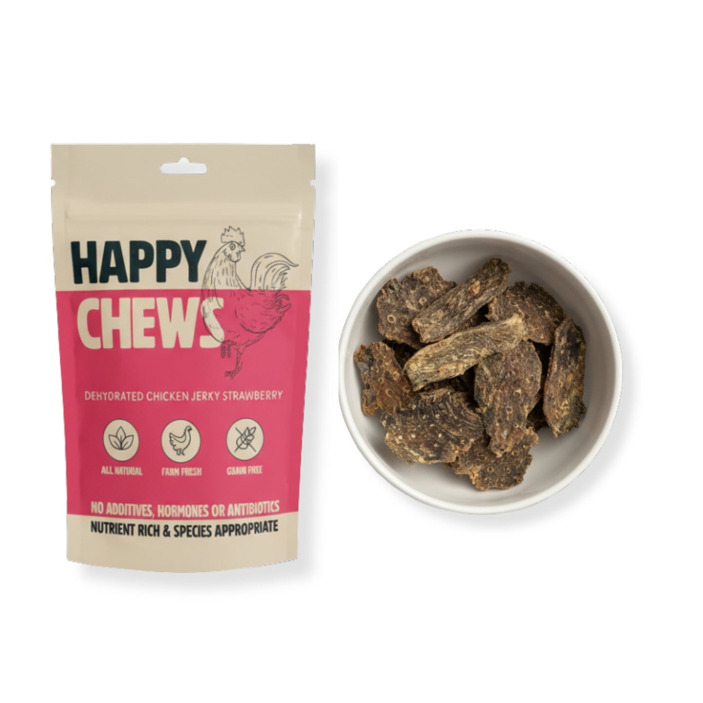 Nootie Happy Chews – Dehydrated Chicken Jerky Strawberry Dog Treats (50g) | All-Natural, Grain-Free Protein Snack